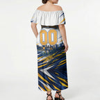 Personalised West Coast Eagles Fan Pride Off Shoulder Maxi Dress Muscular Eagle Mascot Graphic Art With Perth City Skyline