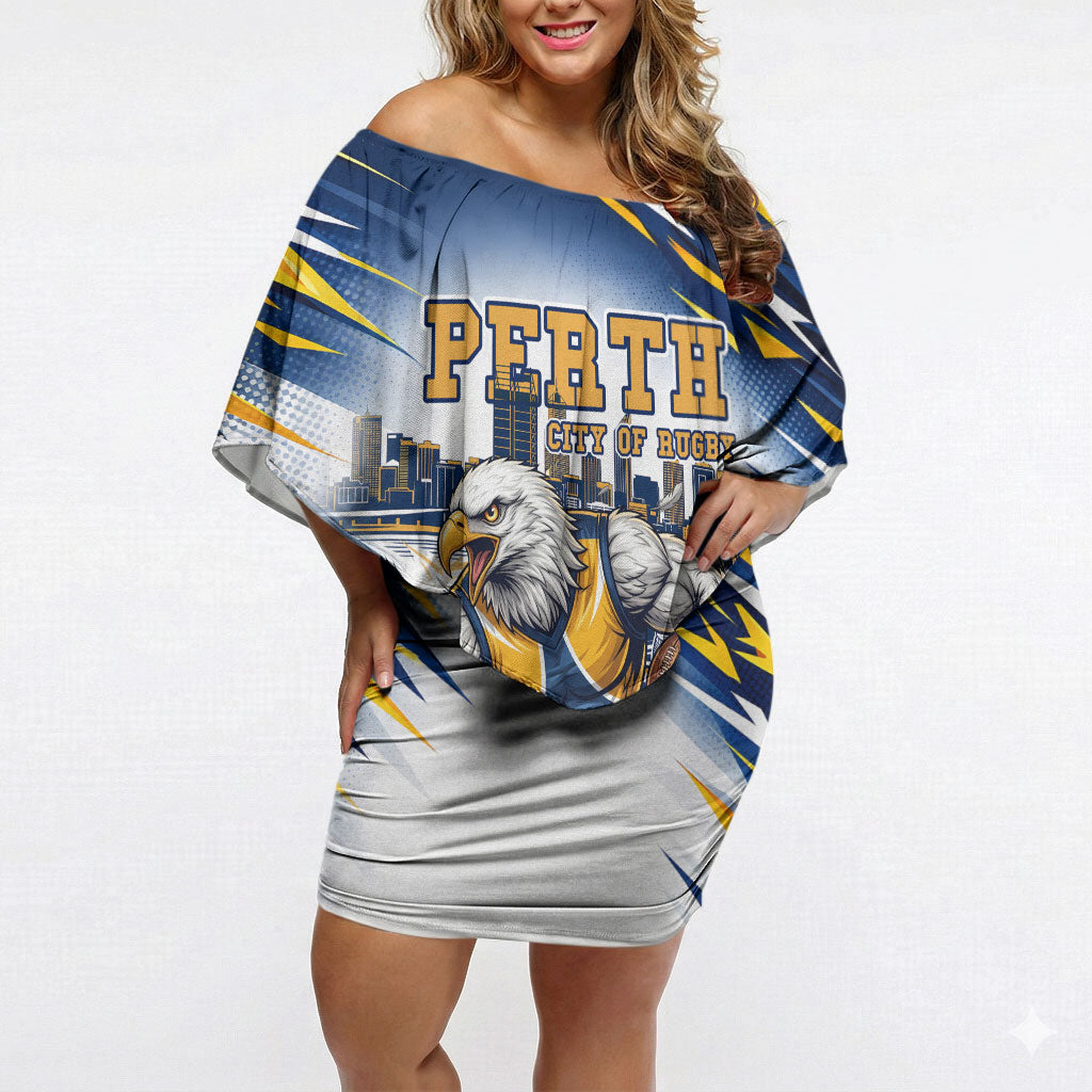 Personalised West Coast Eagles Fan Pride Off Shoulder Short Dress Muscular Eagle Mascot Graphic Art With Perth City Skyline