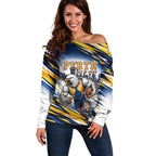 Personalised West Coast Eagles Fan Pride Off Shoulder Sweater Muscular Eagle Mascot Graphic Art With Perth City Skyline