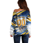 Personalised West Coast Eagles Fan Pride Off Shoulder Sweater Muscular Eagle Mascot Graphic Art With Perth City Skyline