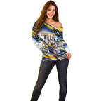 Personalised West Coast Eagles Fan Pride Off Shoulder Sweater Muscular Eagle Mascot Graphic Art With Perth City Skyline