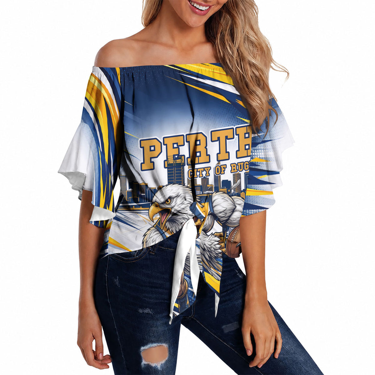 Personalised West Coast Eagles Fan Pride Off Shoulder Wrap Waist Top Muscular Eagle Mascot Graphic Art With Perth City Skyline