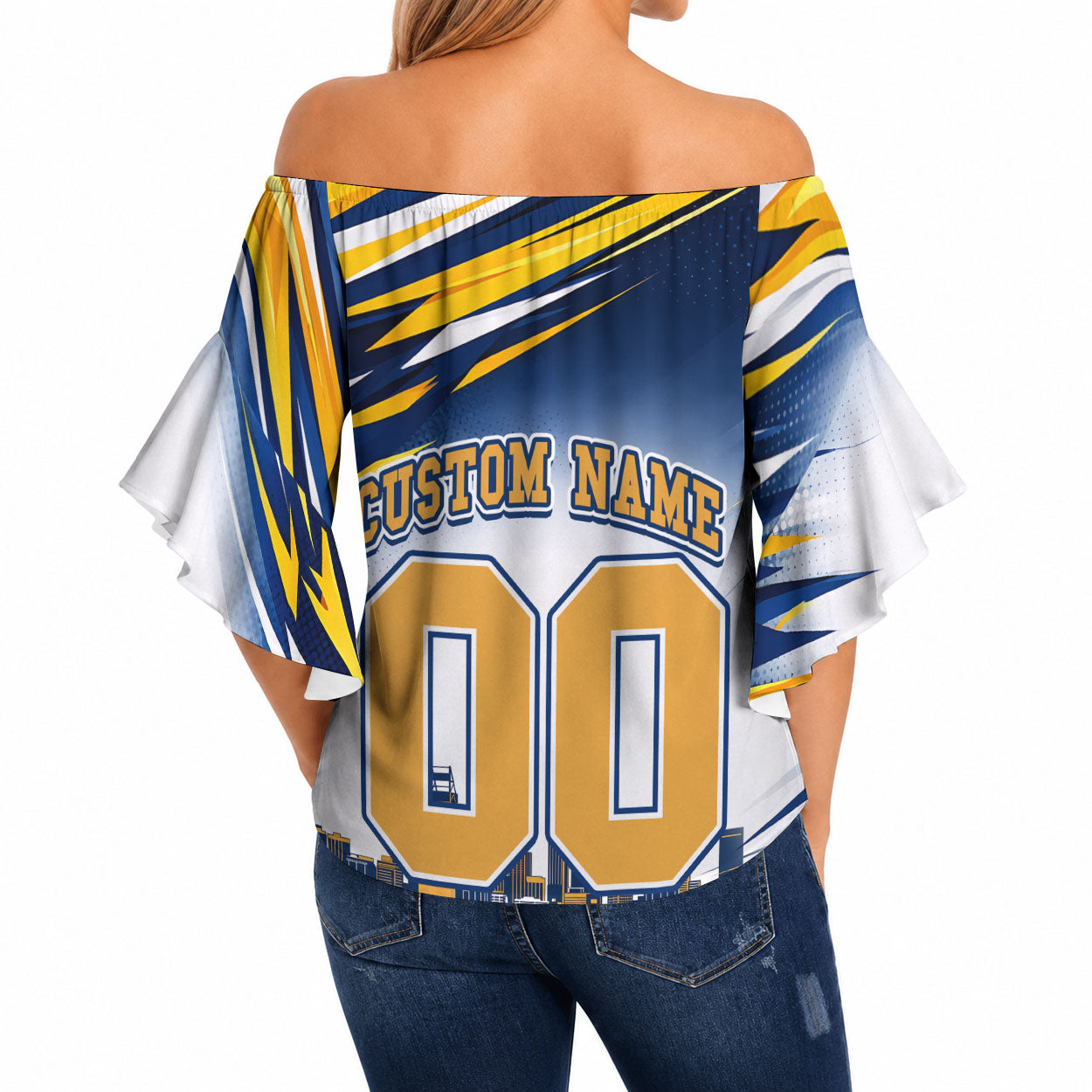 Personalised West Coast Eagles Fan Pride Off Shoulder Wrap Waist Top Muscular Eagle Mascot Graphic Art With Perth City Skyline