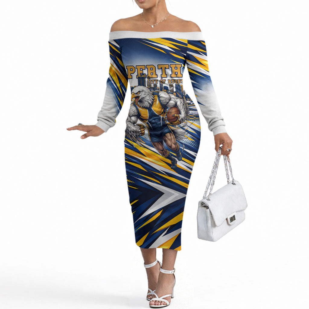 Personalised West Coast Eagles Fan Pride Off The Shoulder Long Sleeve Dress Muscular Eagle Mascot Graphic Art With Perth City Skyline