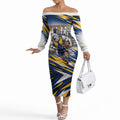 Personalised West Coast Eagles Fan Pride Off The Shoulder Long Sleeve Dress Muscular Eagle Mascot Graphic Art With Perth City Skyline