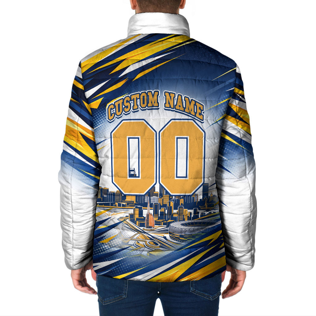 Personalised West Coast Eagles Fan Pride Padded Jacket Muscular Eagle Mascot Graphic Art With Perth City Skyline