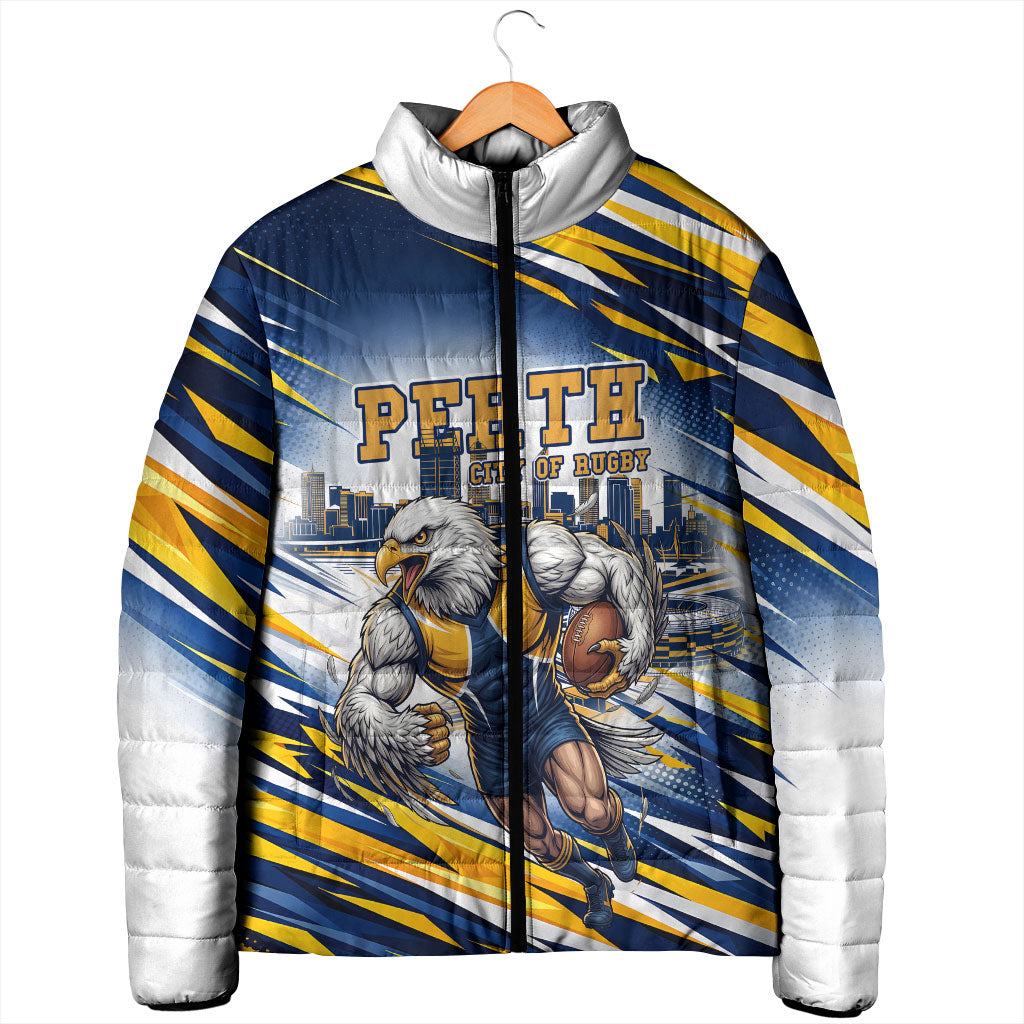 Personalised West Coast Eagles Fan Pride Padded Jacket Muscular Eagle Mascot Graphic Art With Perth City Skyline