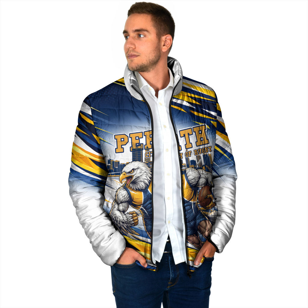 Personalised West Coast Eagles Fan Pride Padded Jacket Muscular Eagle Mascot Graphic Art With Perth City Skyline