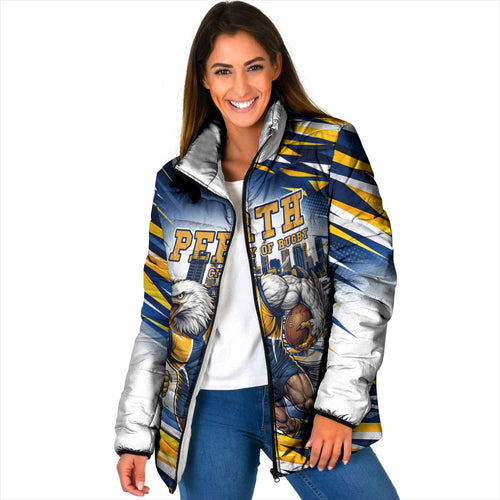 Personalised West Coast Eagles Fan Pride Padded Jacket Muscular Eagle Mascot Graphic Art With Perth City Skyline