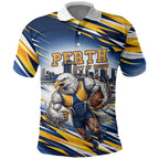 Personalised West Coast Eagles Fan Pride Polo Shirt Muscular Eagle Mascot Graphic Art With Perth City Skyline