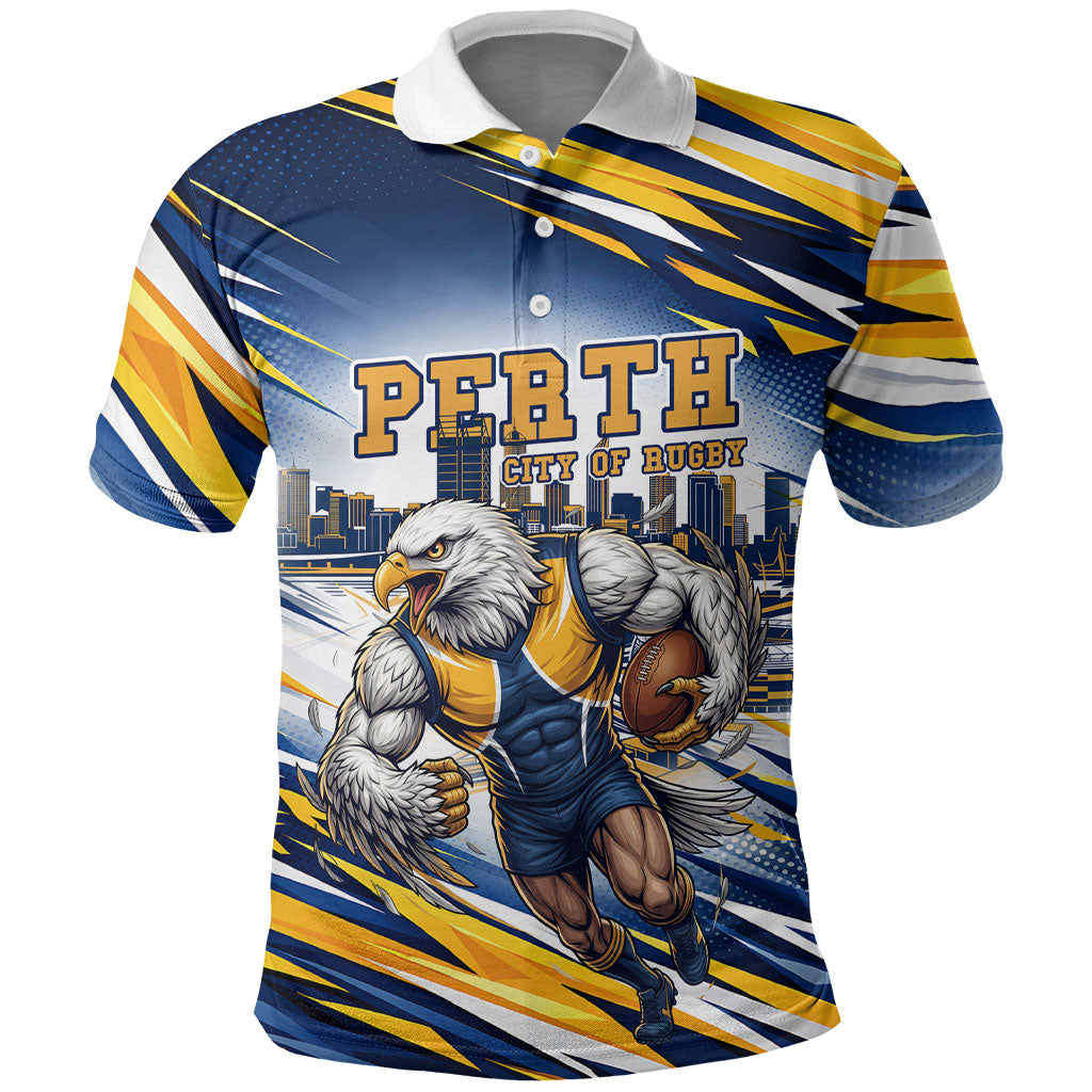 Personalised West Coast Eagles Fan Pride Polo Shirt Muscular Eagle Mascot Graphic Art With Perth City Skyline