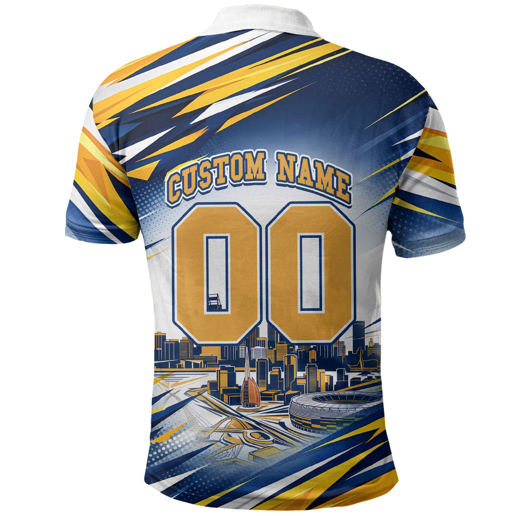 Personalised West Coast Eagles Fan Pride Polo Shirt Muscular Eagle Mascot Graphic Art With Perth City Skyline