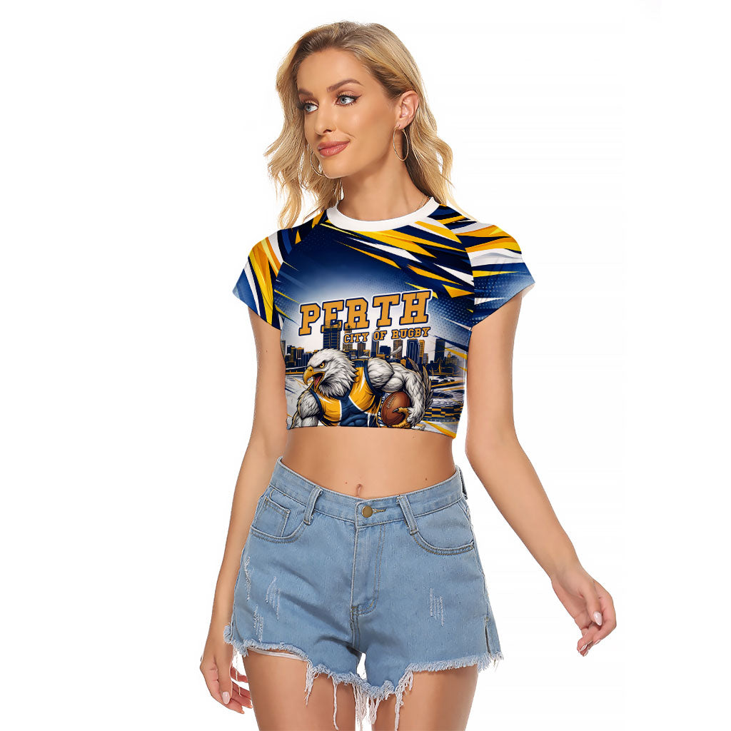 Personalised West Coast Eagles Fan Pride Raglan Cropped T Shirt Muscular Eagle Mascot Graphic Art With Perth City Skyline