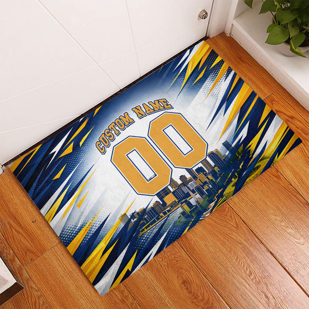 Personalised West Coast Eagles Fan Pride Rubber Doormat Muscular Eagle Mascot Graphic Art With Perth City Skyline