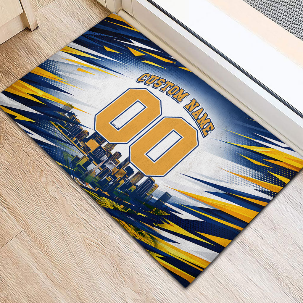 Personalised West Coast Eagles Fan Pride Rubber Doormat Muscular Eagle Mascot Graphic Art With Perth City Skyline