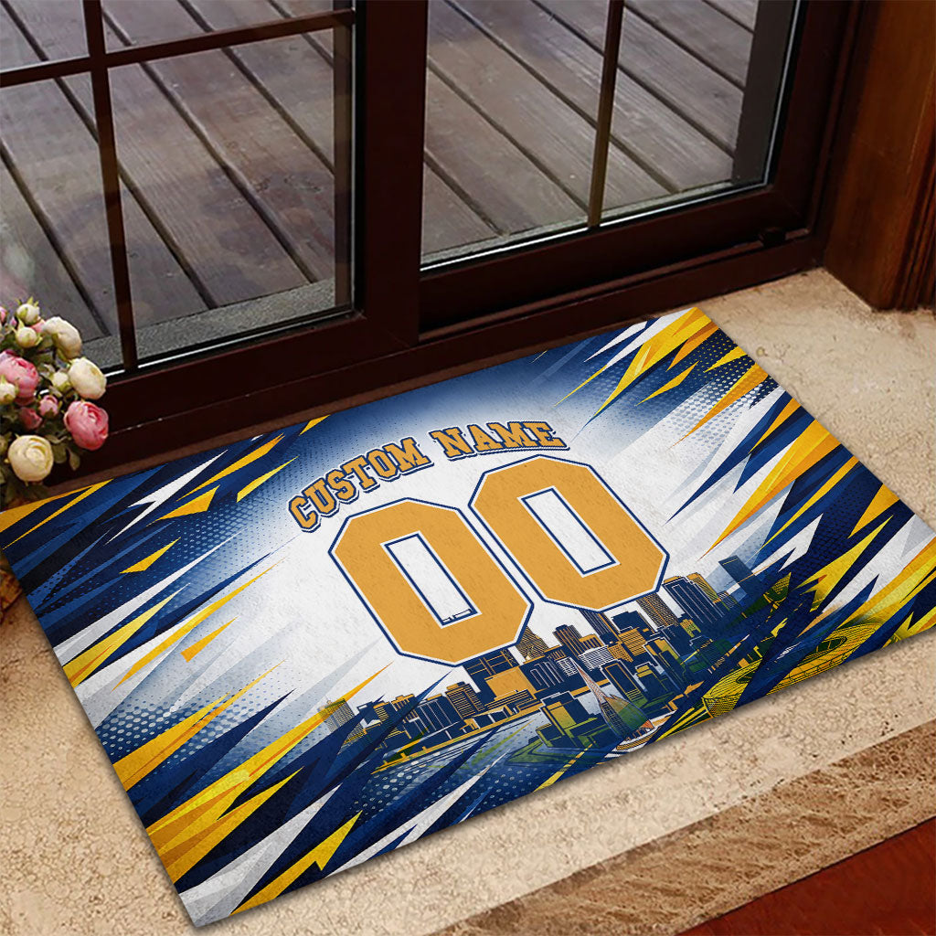 Personalised West Coast Eagles Fan Pride Rubber Doormat Muscular Eagle Mascot Graphic Art With Perth City Skyline