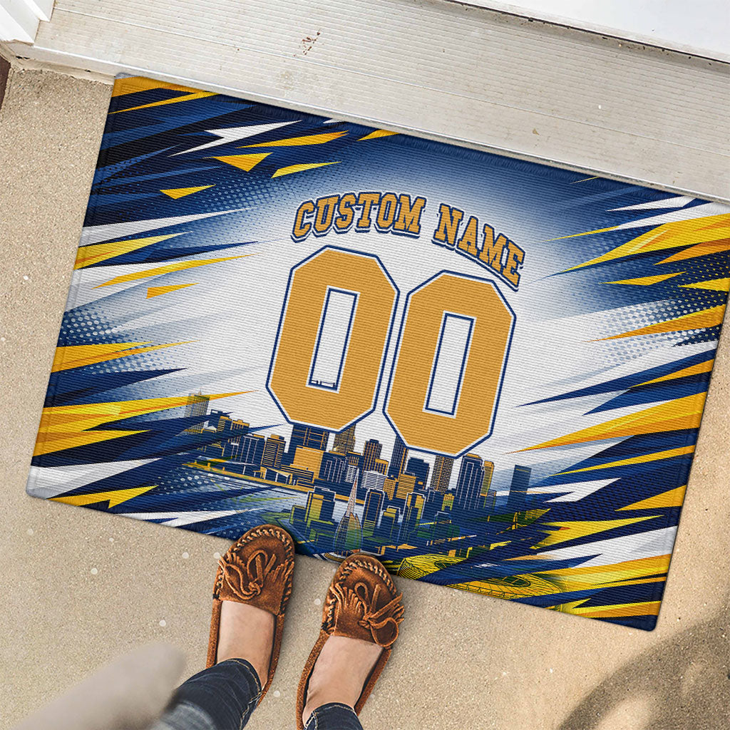 Personalised West Coast Eagles Fan Pride Rubber Doormat Muscular Eagle Mascot Graphic Art With Perth City Skyline
