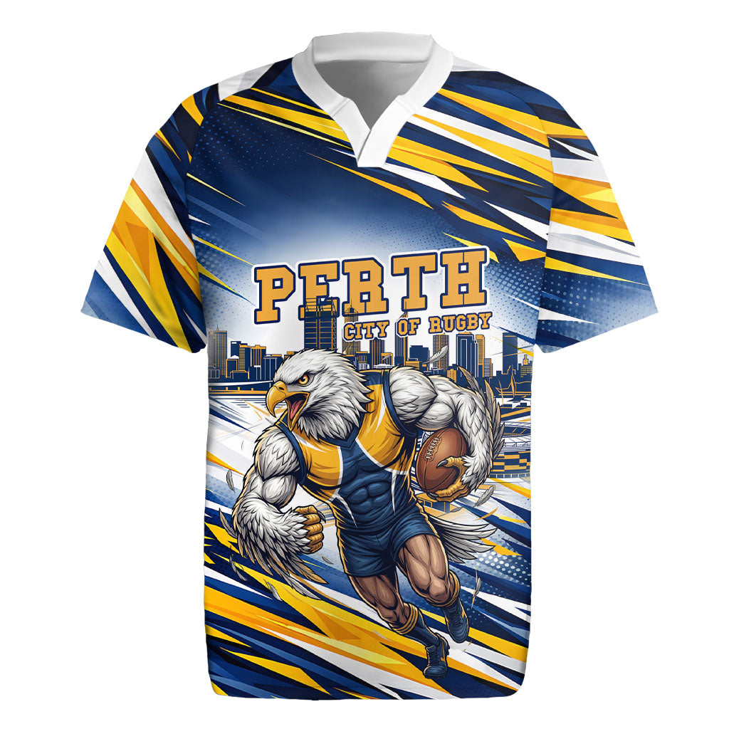 Personalised West Coast Eagles Fan Pride Rugby Jersey Muscular Eagle Mascot Graphic Art With Perth City Skyline