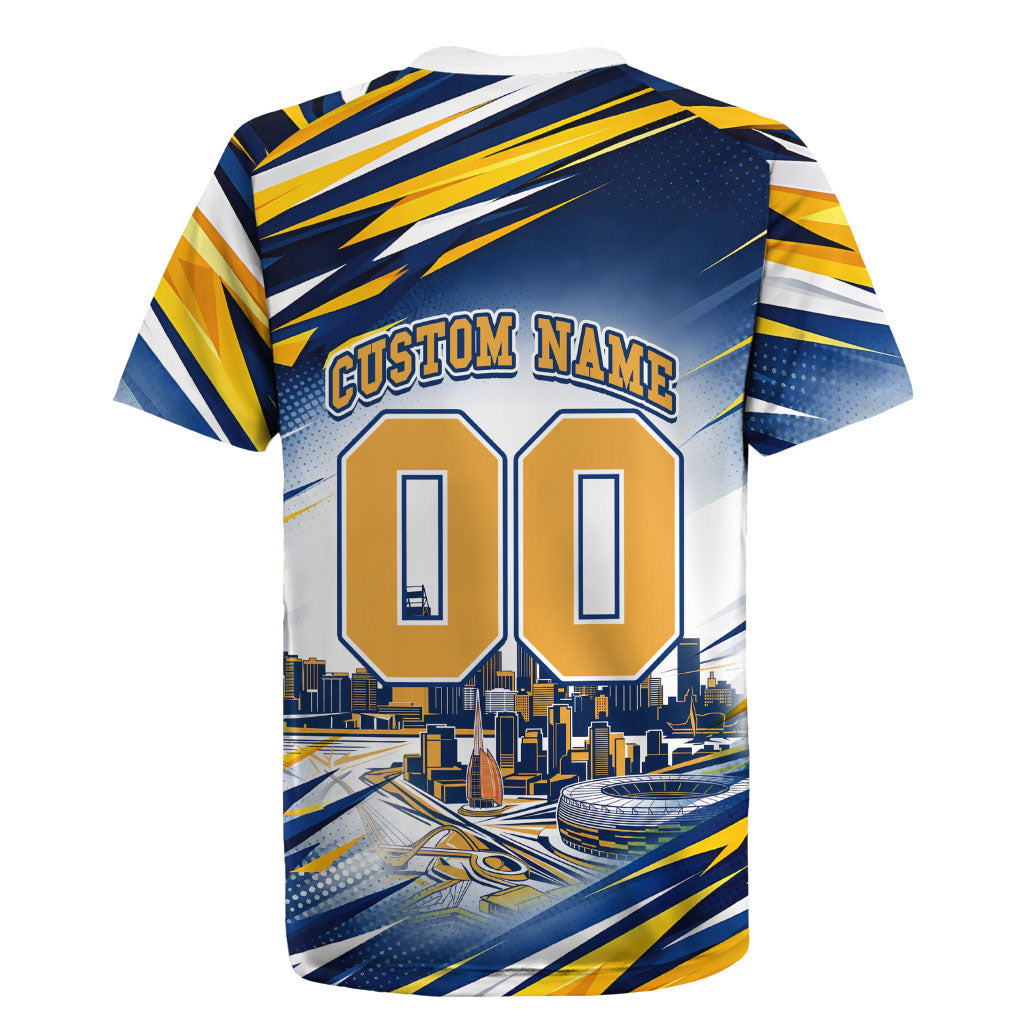 Personalised West Coast Eagles Fan Pride Rugby Jersey Muscular Eagle Mascot Graphic Art With Perth City Skyline