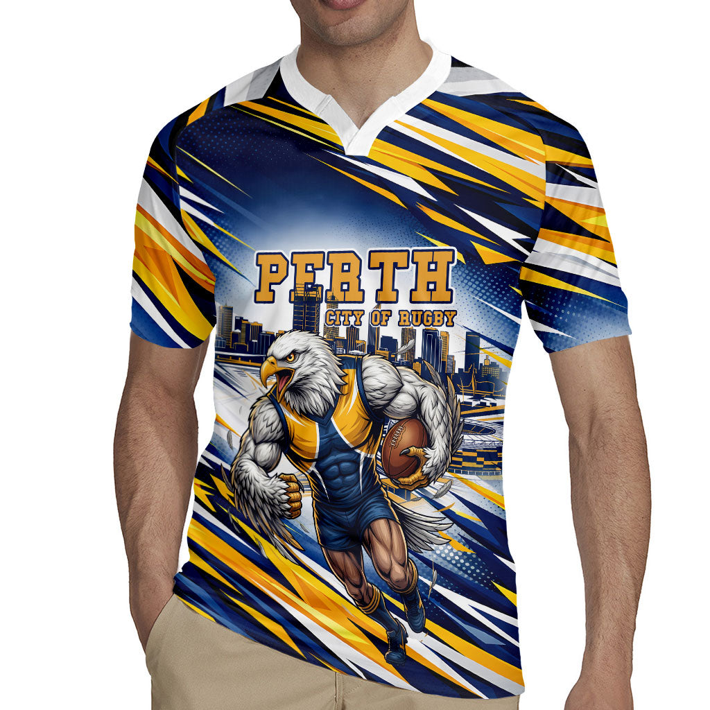 Personalised West Coast Eagles Fan Pride Rugby Jersey Muscular Eagle Mascot Graphic Art With Perth City Skyline