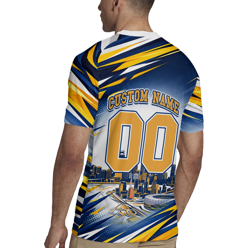 Personalised West Coast Eagles Fan Pride Rugby Jersey Muscular Eagle Mascot Graphic Art With Perth City Skyline