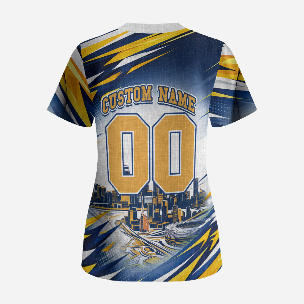 Personalised West Coast Eagles Fan Pride Scrub Top Muscular Eagle Mascot Graphic Art With Perth City Skyline