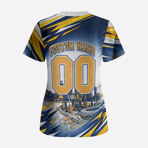 Personalised West Coast Eagles Fan Pride Scrub Top Muscular Eagle Mascot Graphic Art With Perth City Skyline