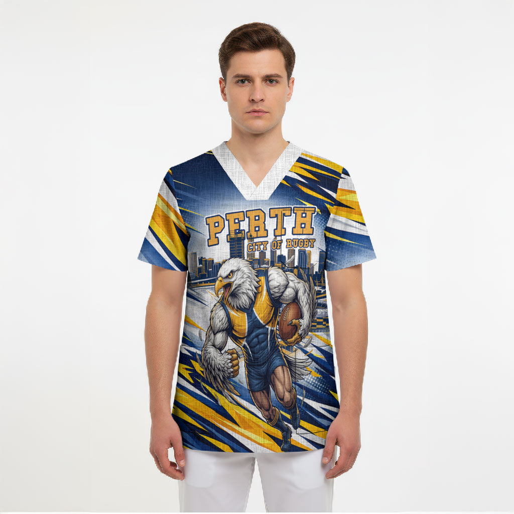 Personalised West Coast Eagles Fan Pride Scrub Top Muscular Eagle Mascot Graphic Art With Perth City Skyline