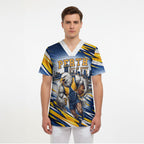 Personalised West Coast Eagles Fan Pride Scrub Top Muscular Eagle Mascot Graphic Art With Perth City Skyline
