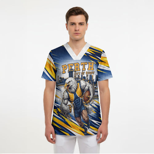 Personalised West Coast Eagles Fan Pride Scrub Top Muscular Eagle Mascot Graphic Art With Perth City Skyline