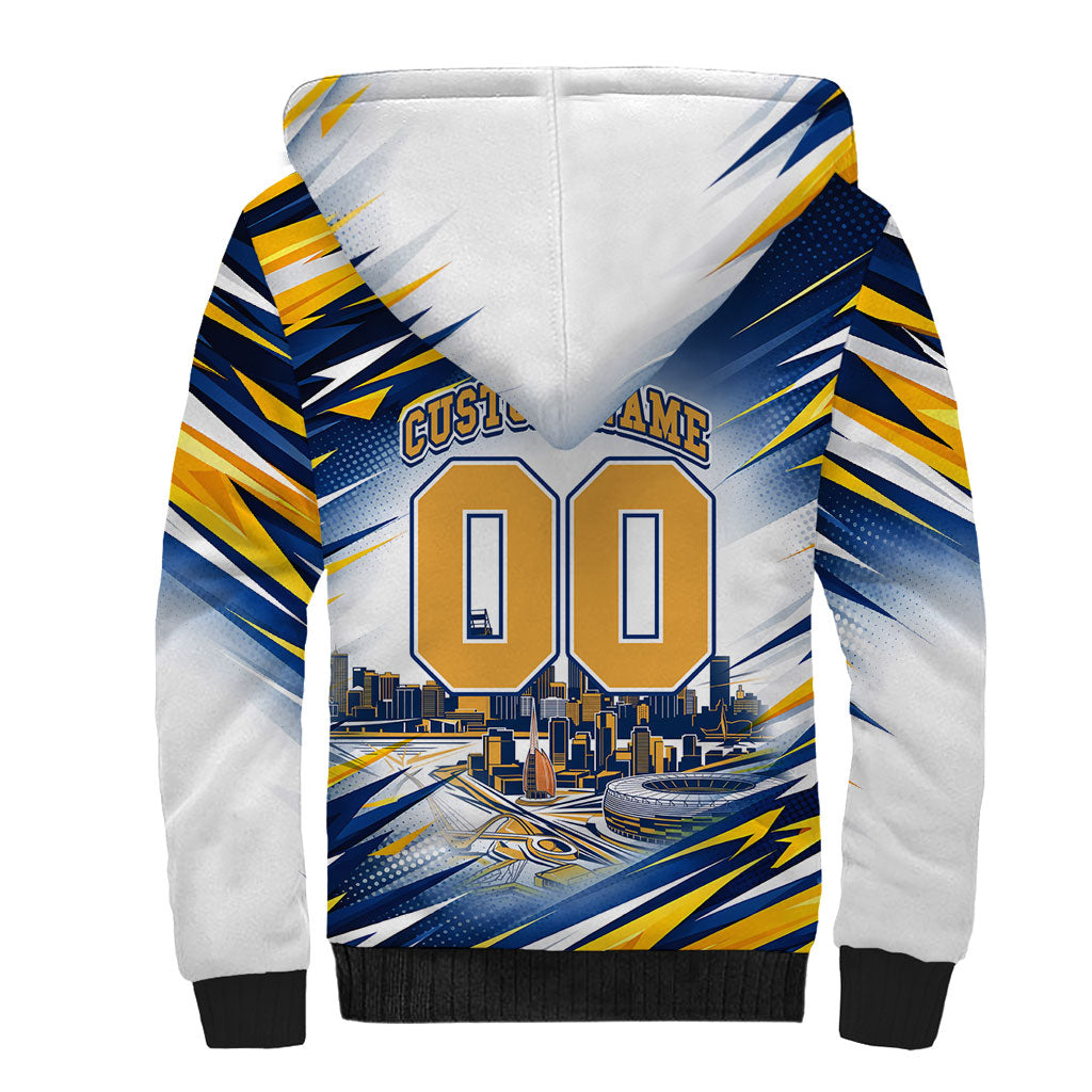 Personalised West Coast Eagles Fan Pride Sherpa Hoodie Muscular Eagle Mascot Graphic Art With Perth City Skyline