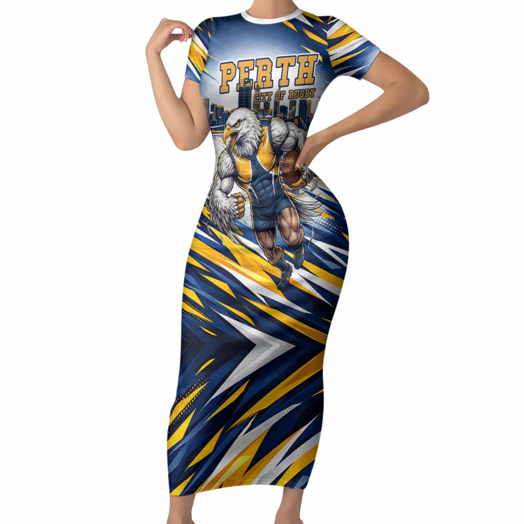 Personalised West Coast Eagles Fan Pride Short Sleeve Bodycon Dress Muscular Eagle Mascot Graphic Art With Perth City Skyline