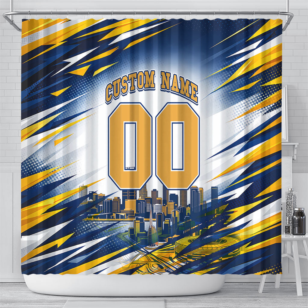 Personalised West Coast Eagles Fan Pride Shower Curtain Muscular Eagle Mascot Graphic Art With Perth City Skyline