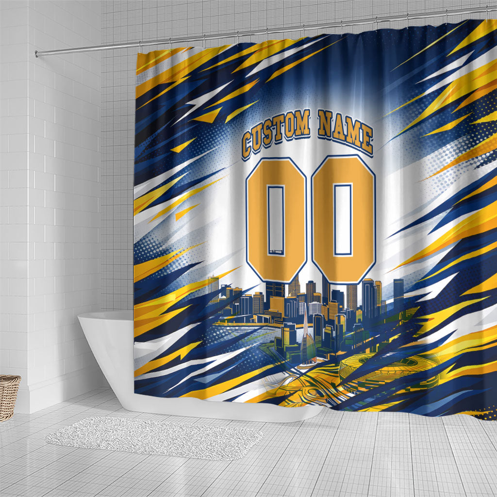 Personalised West Coast Eagles Fan Pride Shower Curtain Muscular Eagle Mascot Graphic Art With Perth City Skyline