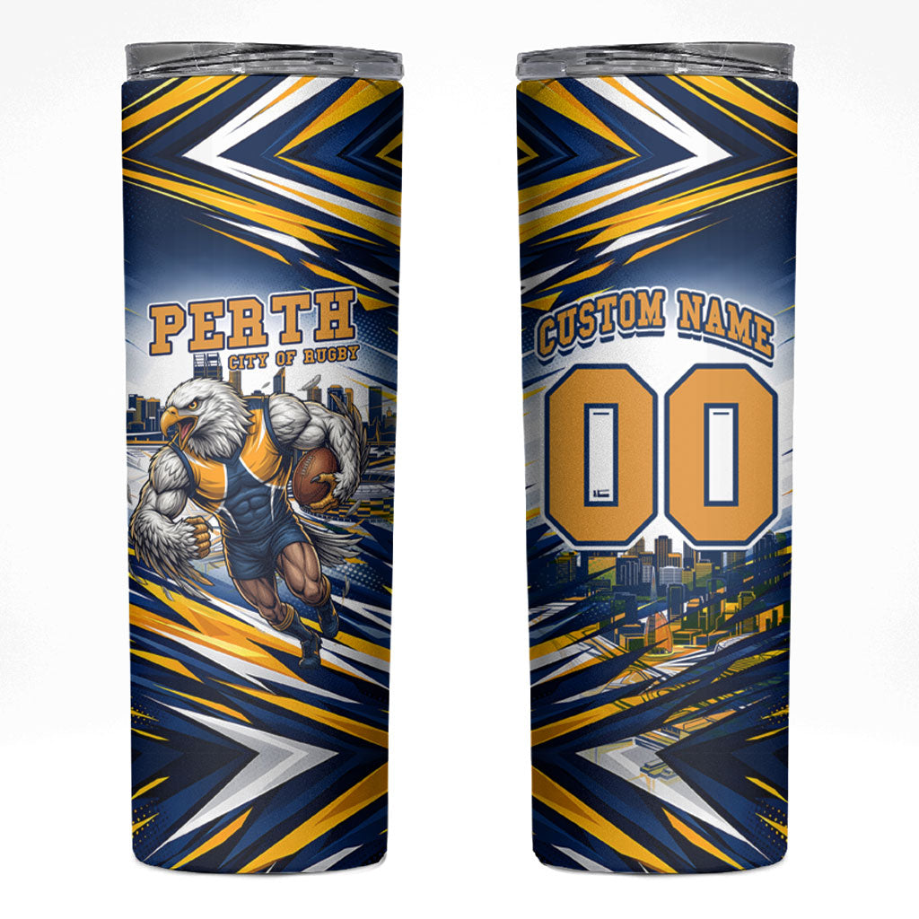 Personalised West Coast Eagles Fan Pride Skinny Tumbler Muscular Eagle Mascot Graphic Art With Perth City Skyline