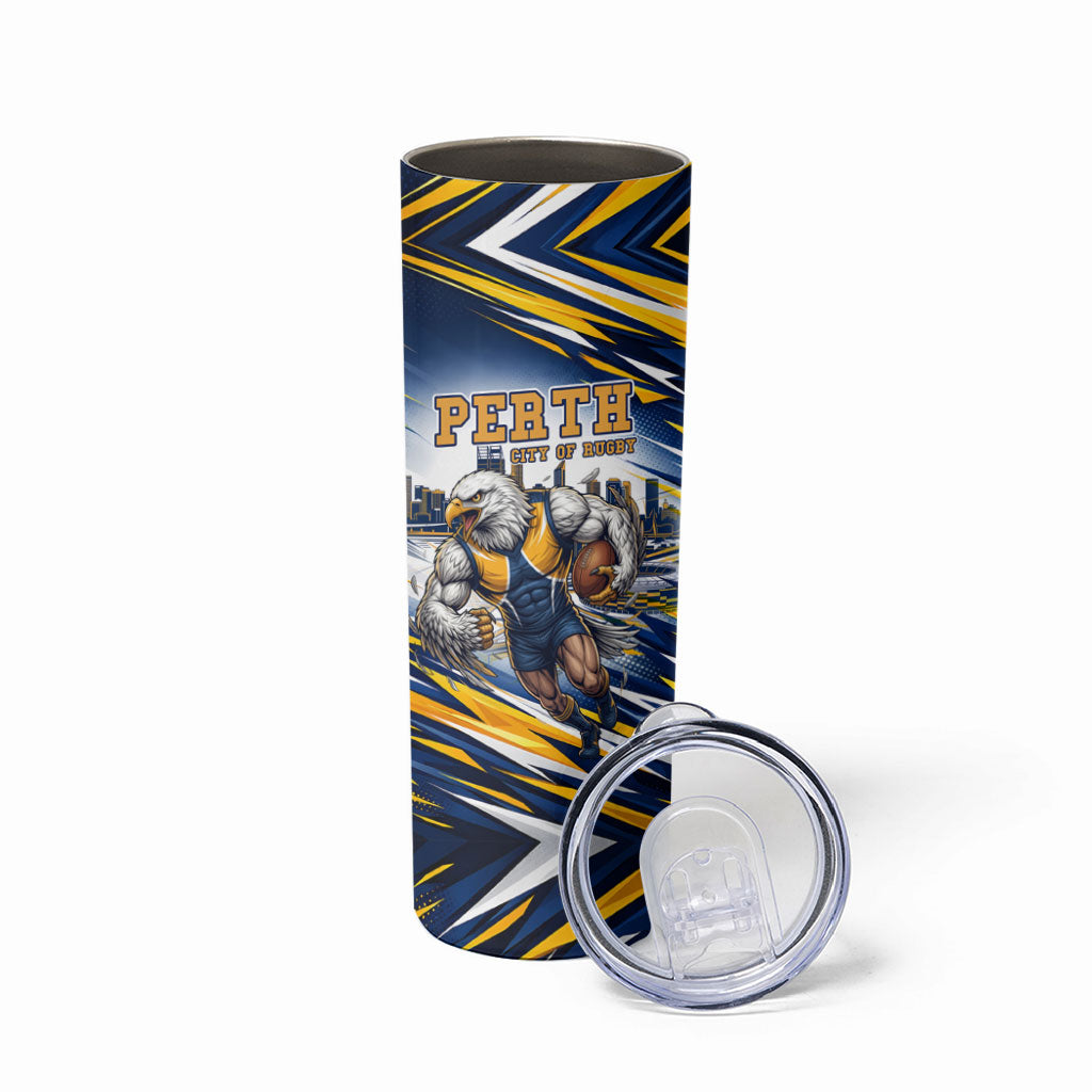 Personalised West Coast Eagles Fan Pride Skinny Tumbler Muscular Eagle Mascot Graphic Art With Perth City Skyline