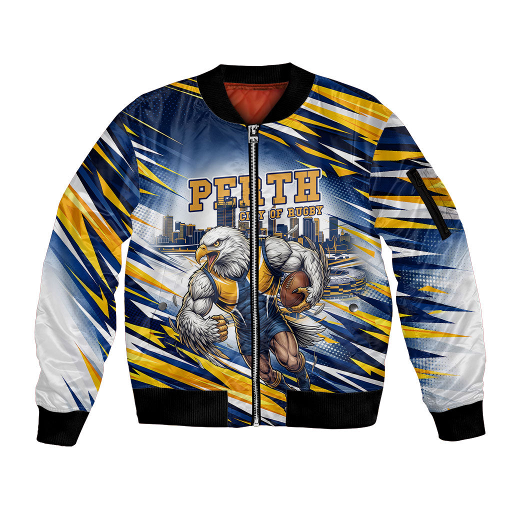 Personalised West Coast Eagles Fan Pride Sleeve Zip Bomber Jacket Muscular Eagle Mascot Graphic Art With Perth City Skyline