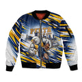 Personalised West Coast Eagles Fan Pride Sleeve Zip Bomber Jacket Muscular Eagle Mascot Graphic Art With Perth City Skyline