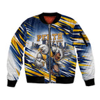 Personalised West Coast Eagles Fan Pride Sleeve Zip Bomber Jacket Muscular Eagle Mascot Graphic Art With Perth City Skyline