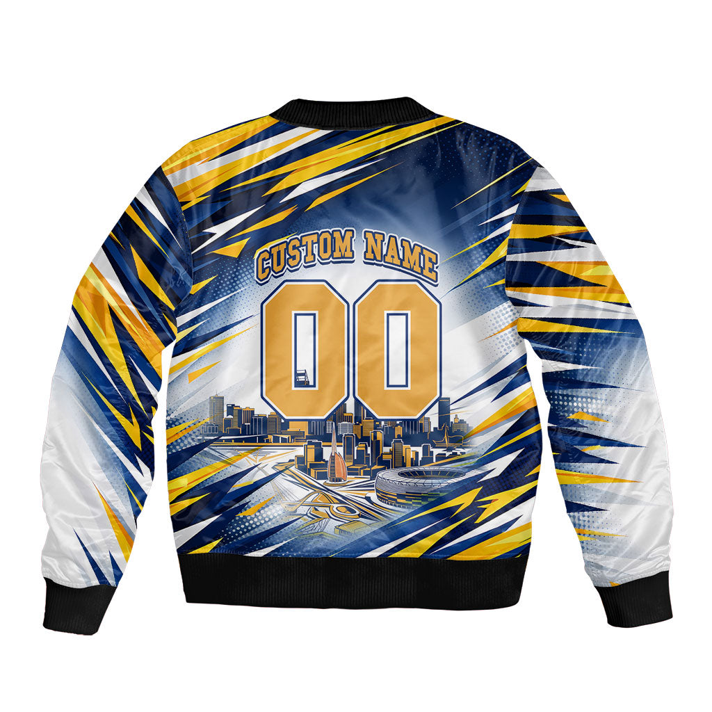 Personalised West Coast Eagles Fan Pride Sleeve Zip Bomber Jacket Muscular Eagle Mascot Graphic Art With Perth City Skyline