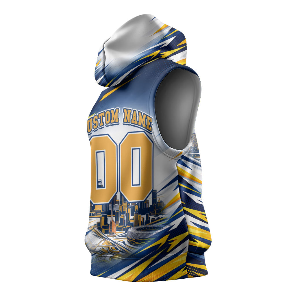 Personalised West Coast Eagles Fan Pride Sleeveless Hoodie Muscular Eagle Mascot Graphic Art With Perth City Skyline