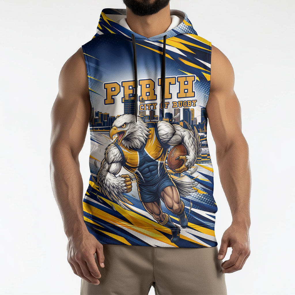 Personalised West Coast Eagles Fan Pride Sleeveless Hoodie Muscular Eagle Mascot Graphic Art With Perth City Skyline