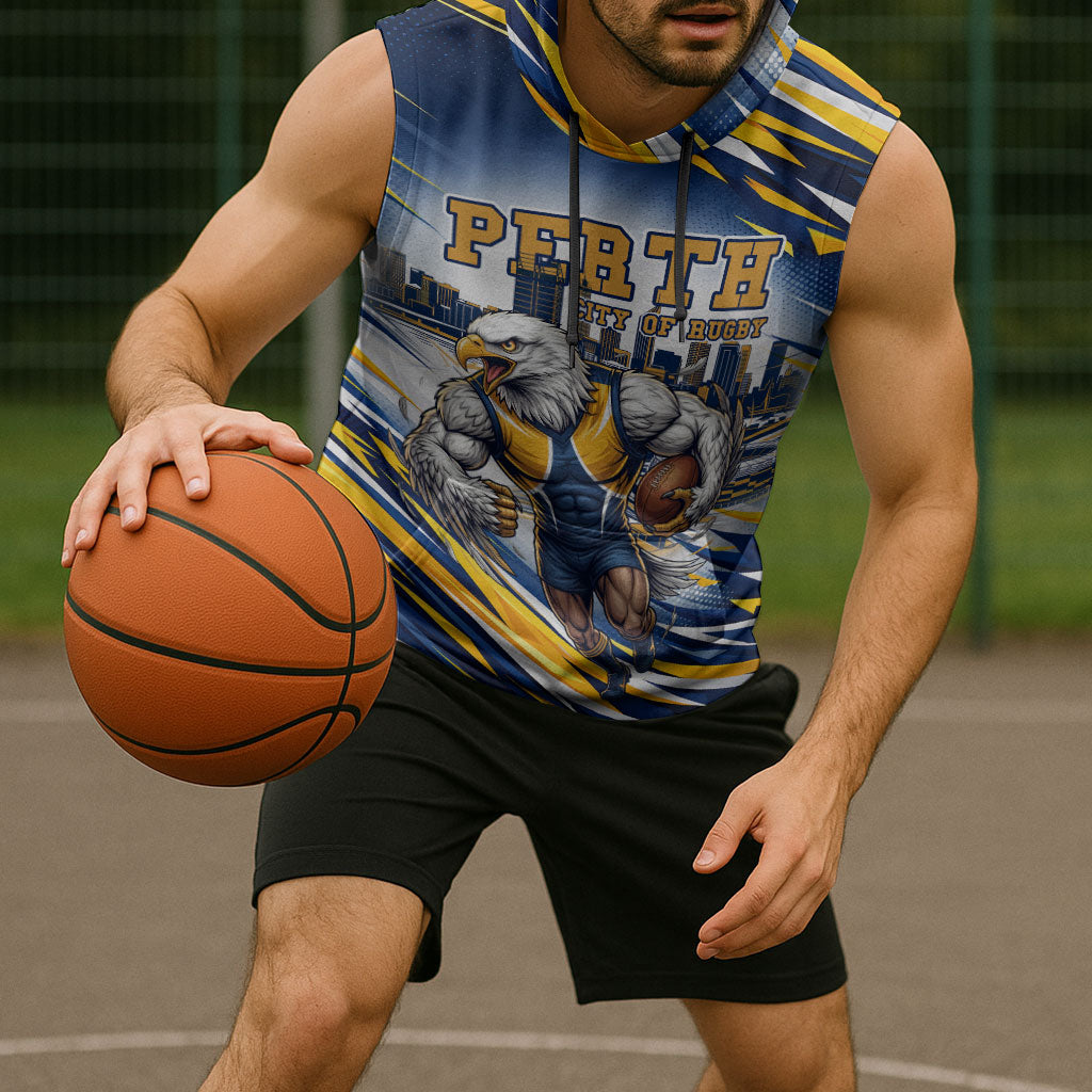 Personalised West Coast Eagles Fan Pride Sleeveless Hoodie Muscular Eagle Mascot Graphic Art With Perth City Skyline