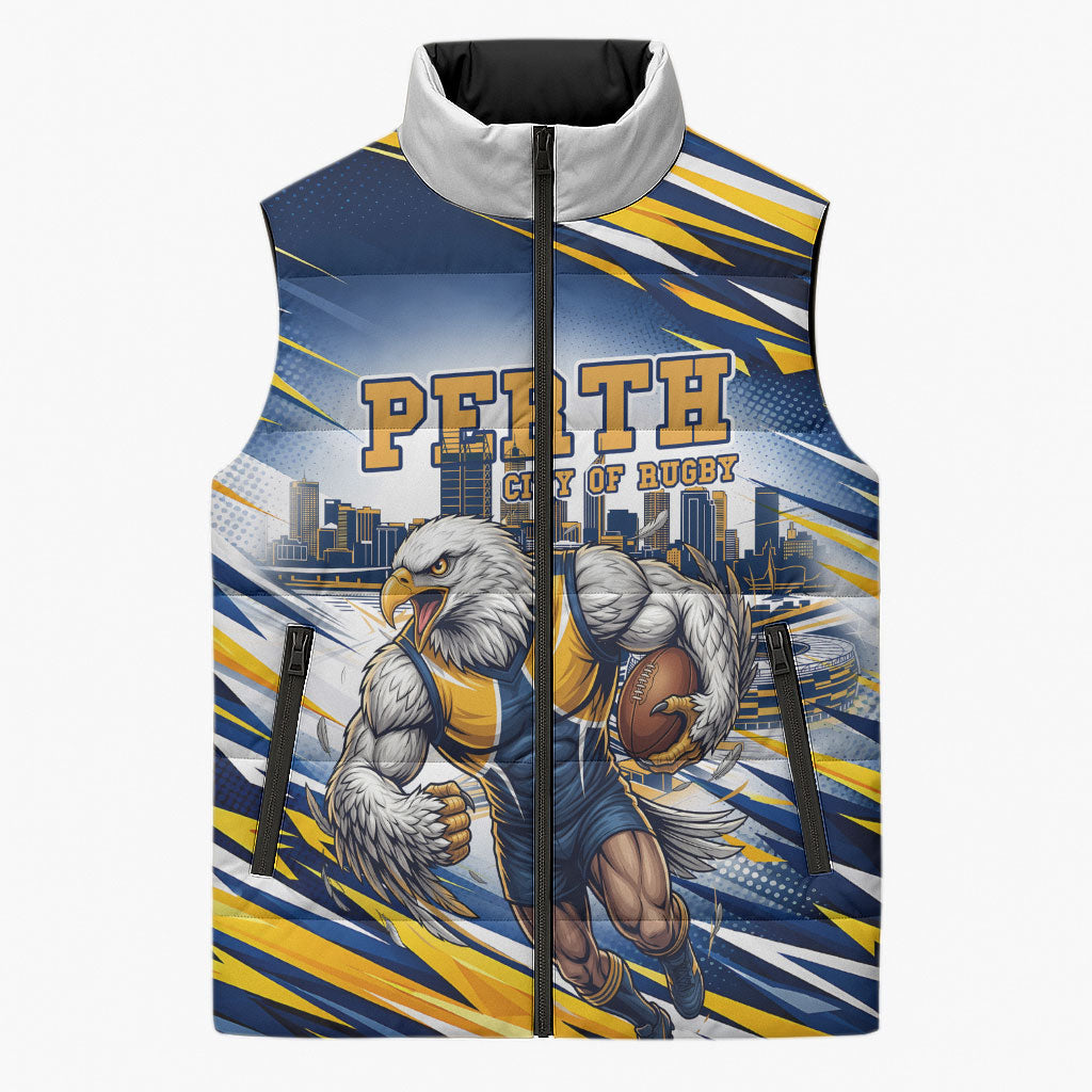 Personalised West Coast Eagles Fan Pride Sleeveless Puffer Jacket Muscular Eagle Mascot Graphic Art With Perth City Skyline