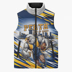 Personalised West Coast Eagles Fan Pride Sleeveless Puffer Jacket Muscular Eagle Mascot Graphic Art With Perth City Skyline