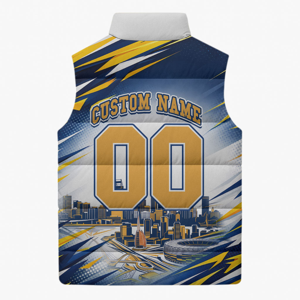 Personalised West Coast Eagles Fan Pride Sleeveless Puffer Jacket Muscular Eagle Mascot Graphic Art With Perth City Skyline