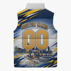 Personalised West Coast Eagles Fan Pride Sleeveless Puffer Jacket Muscular Eagle Mascot Graphic Art With Perth City Skyline