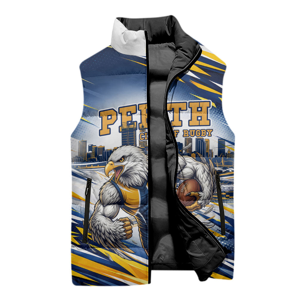 Personalised West Coast Eagles Fan Pride Sleeveless Puffer Jacket Muscular Eagle Mascot Graphic Art With Perth City Skyline