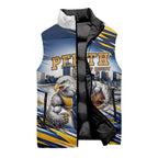Personalised West Coast Eagles Fan Pride Sleeveless Puffer Jacket Muscular Eagle Mascot Graphic Art With Perth City Skyline