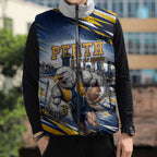 Personalised West Coast Eagles Fan Pride Sleeveless Puffer Jacket Muscular Eagle Mascot Graphic Art With Perth City Skyline